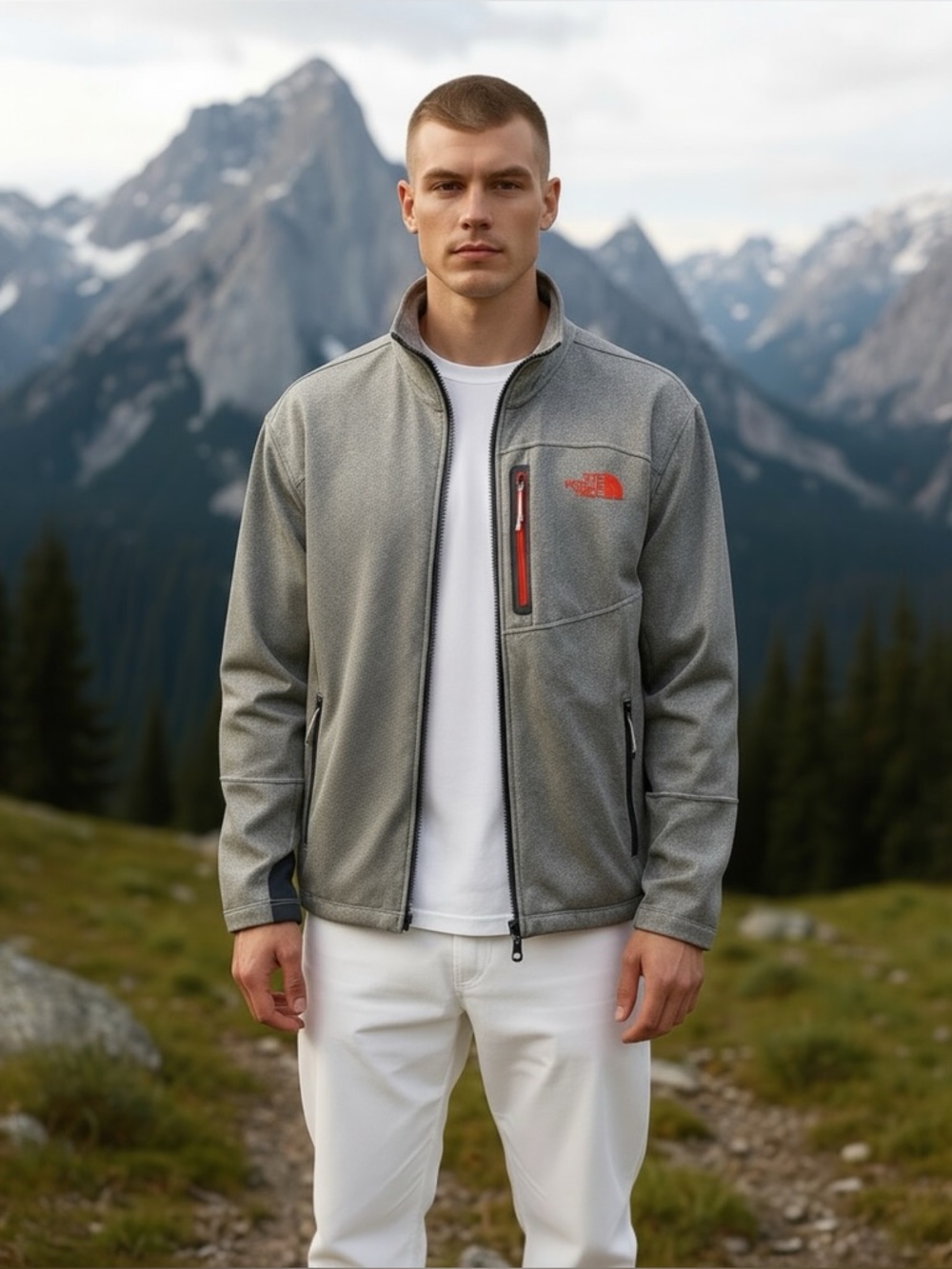 The North Face Men's Grey Softshell Full Zip Jacket Orange Accents Size Large